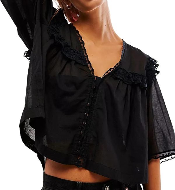 61SBi7gIVVL._AC_SL1500 Women's Sexy Low Cut Chiffon Shirt 3/4 Sleeve V Neck Sheer Button Down Blouse Cute Ruffle Lace Trim Top