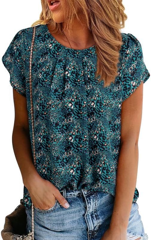 Women's Casual Round Neck Basic Pleated Tops Short Sleeve Loose Fit Curved Keyhole Back Chiffon Blouses Tshirts