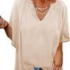 Womens Casual V Neck Loose 3/4 Bell Sleeve Chiffon Blouse Shirt Pleated Flowy Tunic Tops