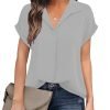 Women's Bat Wing V Neck Short Sleeve Chiffon Blouses for Office Work Business Attire Collared Casual Summer Shirts