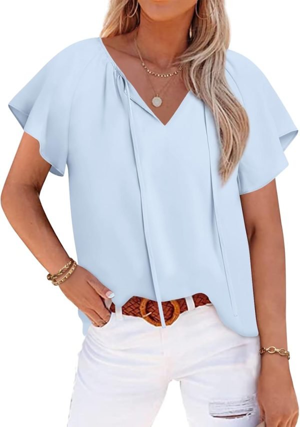 Womens 2024 Summer Tunic Tops Casual Short Sleeve Blouses V Neck Dressy Chiffon Boho Tshirts