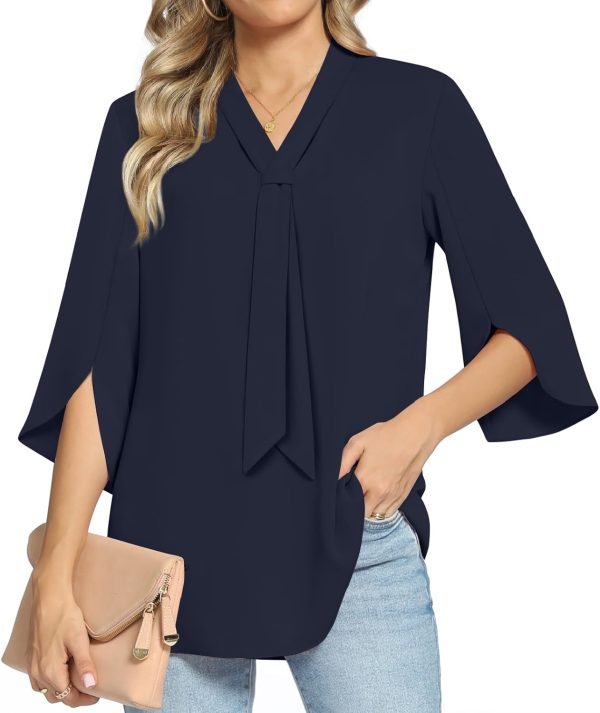 Women's Fall Long Sleeve Chiffon Blouse Winter V-Neck Tunic Tops Business Shirt