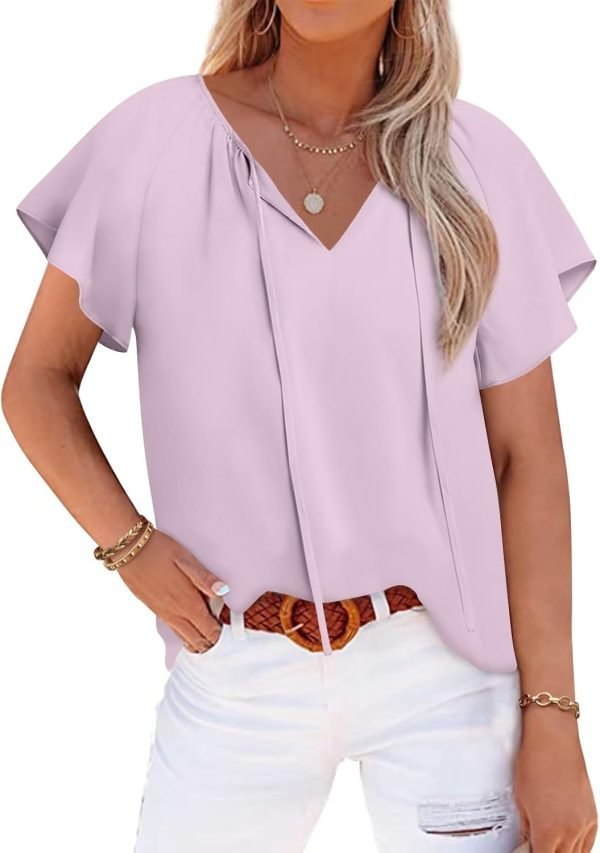 Womens 2024 Summer Tunic Tops Casual Short Sleeve Blouses V Neck Dressy Chiffon Boho Tshirts