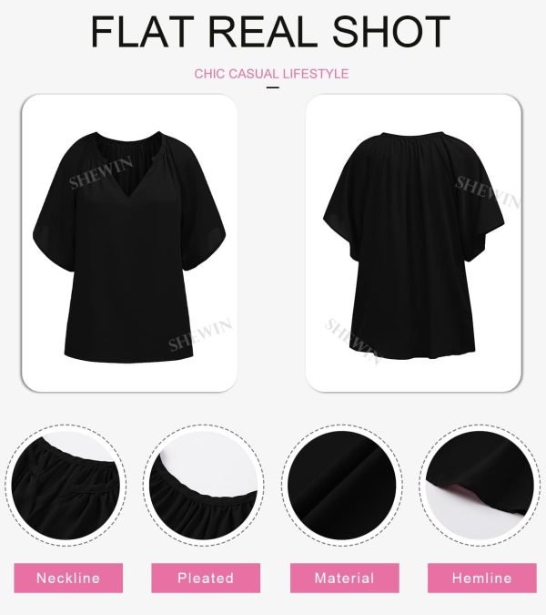 Womens Casual V Neck Loose 3/4 Bell Sleeve Chiffon Blouse Shirt Pleated Flowy Tunic Tops