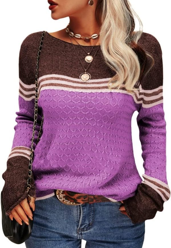 Women Autumn Winter Colorblock Pullover Sweaters Round Neck Striped Slim Fitting Knitwear Tops