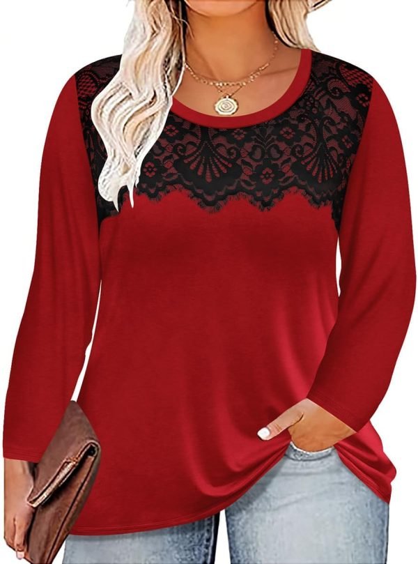 Plus Size Lace Tops for Women Long Sleeve Crewneck Pullover Fall T-shirts Tunics Basic Tees T-Shirts XL-5XL