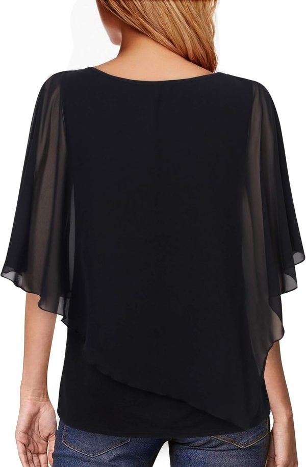 Women's Lightweight Flowy Shirt Double-Layered Printed Chiffon Poncho Blouse Top