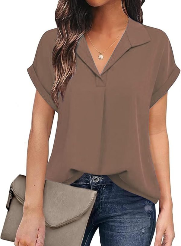 Women's Bat Wing V Neck Short Sleeve Chiffon Blouses for Office Work Business Attire Collared Casual Summer Shirts