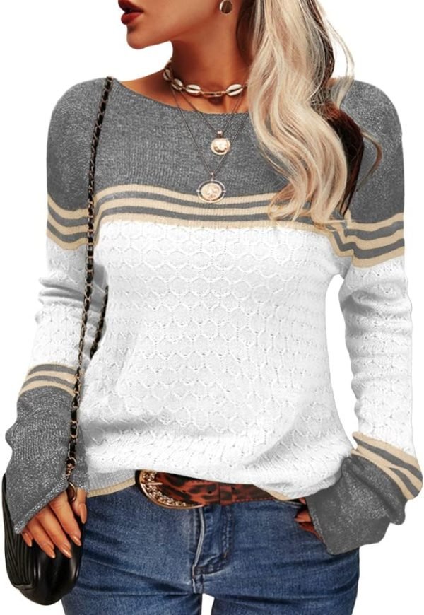 Women Autumn Winter Colorblock Pullover Sweaters Round Neck Striped Slim Fitting Knitwear Tops