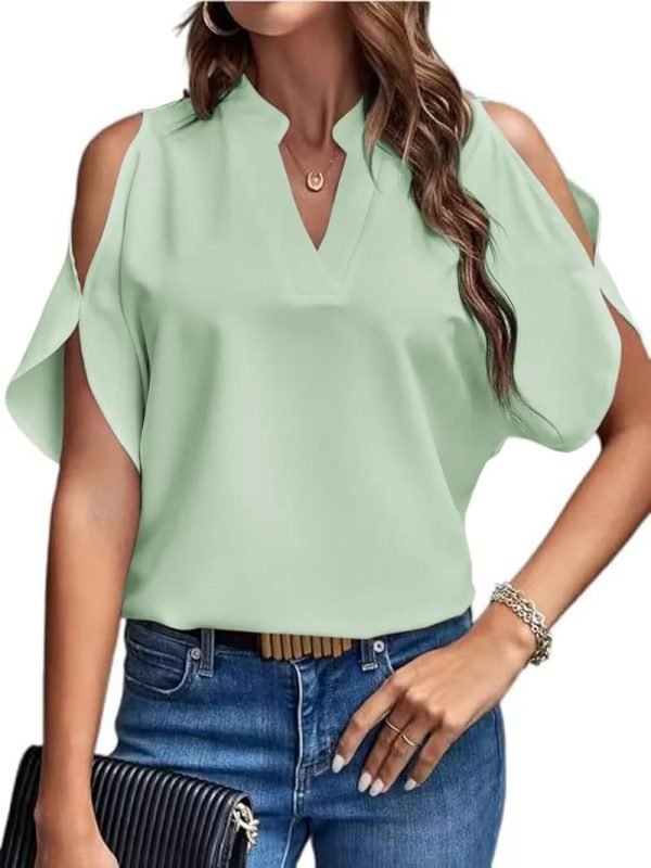 Women's Cold Shoulder Tops Summer Fashion Short Sleeve V Neck Casual Loose Solid Color Blouse Shirts