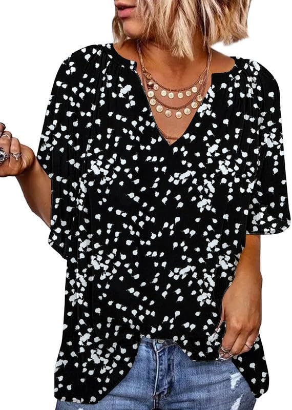 Womens Casual V Neck Loose 3/4 Bell Sleeve Chiffon Blouse Shirt Pleated Flowy Tunic Tops