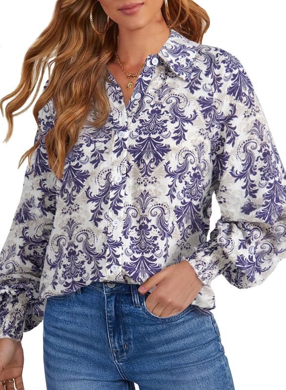 61YeW8zKXkL._AC Women's Casual V Neck Allover Floral Print Long Sleeve Chiffon Button Down Blouses Bohemian Top Shirts
