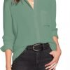 Women Button Down Shirts with Pockets Long Sleeve Office Blouses Casual Business Tops Slim Fit Chiffon Shirts S-XXL
