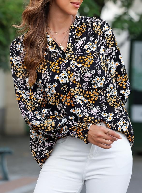 61Yqt1DqpML._AC Women's Casual V Neck Easel Floral Print Long Sleeve Blouses Smocked Button Down Shirts Bohemian Top