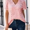 Women's Casual V Neck Floral Print Smocked Short Sleeve Chiffon Blouses Bohemian Top Shirts