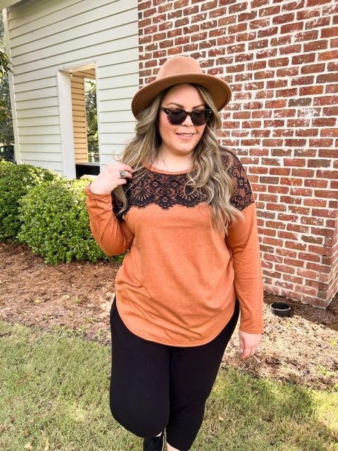 Plus Size Lace Tops for Women Long Sleeve Crewneck Pullover Fall T-shirts Tunics Basic Tees T-Shirts XL-5XL