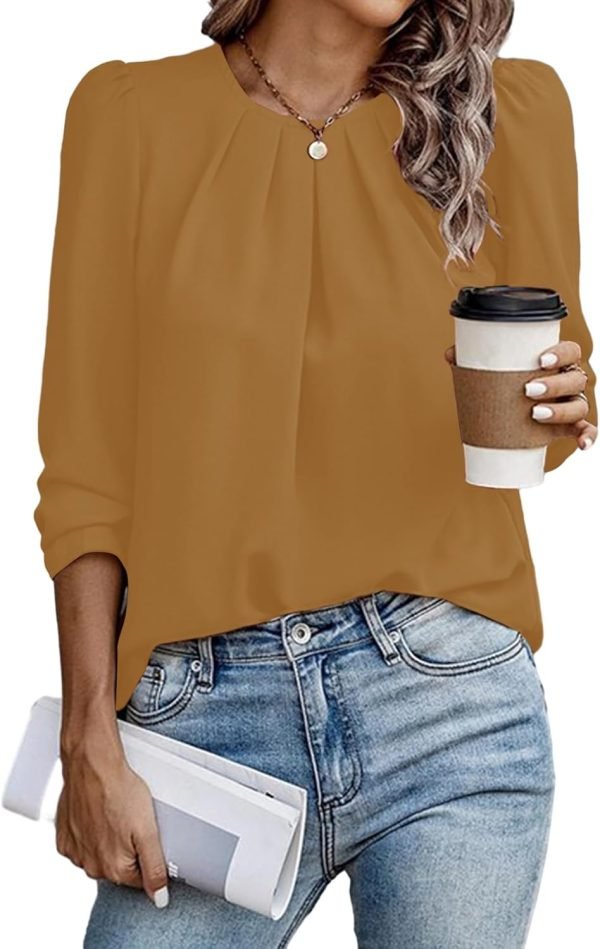 Womens Tops Dressy Casual Pleated Crew Neck Long Sleeve Shirts Office Work Chiffon Blouses