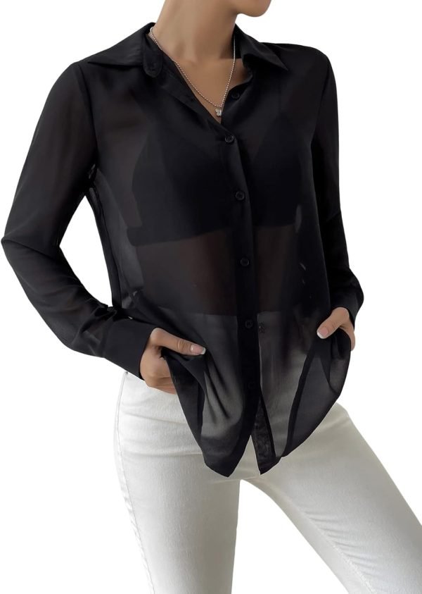 61_VWXnSbQL._AC_SL1500 Women's Sheer Mesh Button Up Shirt Long Sleeve See Through Blouse