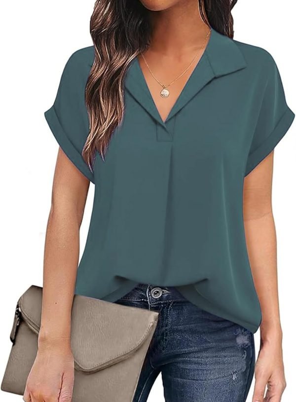 Women's Bat Wing V Neck Short Sleeve Chiffon Blouses for Office Work Business Attire Collared Casual Summer Shirts