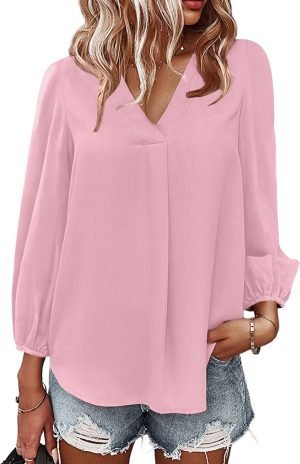 61_zC3TnKGL._AC_SL1500 Women's Long Sleeve V Neck Shirt Dressy Pleated Top Casual Loose Chiffon Blouses