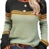 Women Autumn Winter Colorblock Pullover Sweaters Round Neck Striped Slim Fitting Knitwear Tops