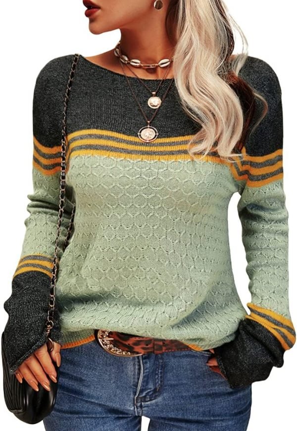 Women Autumn Winter Colorblock Pullover Sweaters Round Neck Striped Slim Fitting Knitwear Tops
