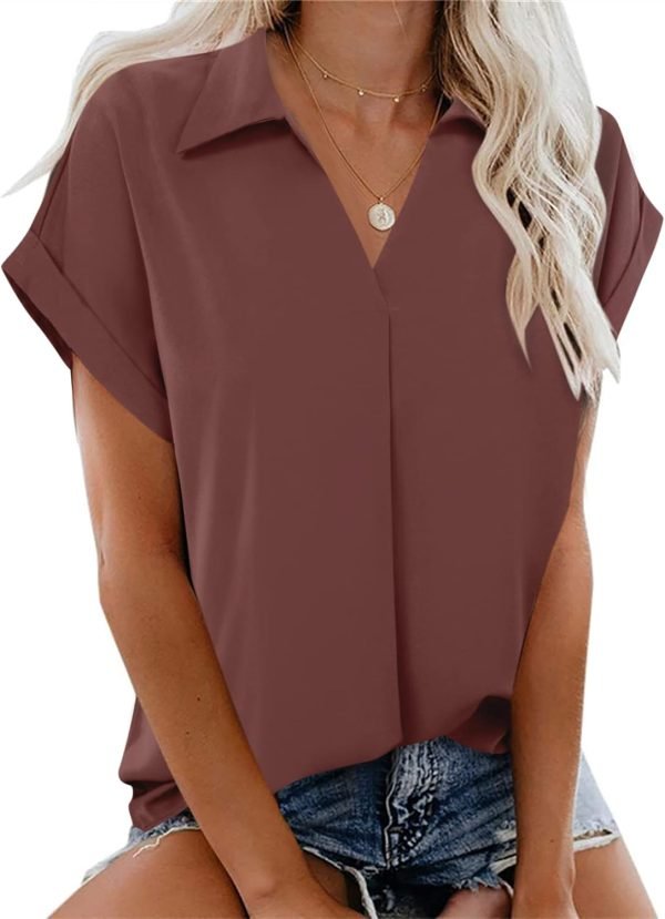 Women's Summer Work Blouse V Neck Short Sleeve Lapel Shirt Top Tunic