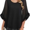 Womens 3/4 Ruffle Sleeve Tops Double Layer Chiffon Blouses Scoop Neck Flowy Tops Elegant Summer Shirt Tunic