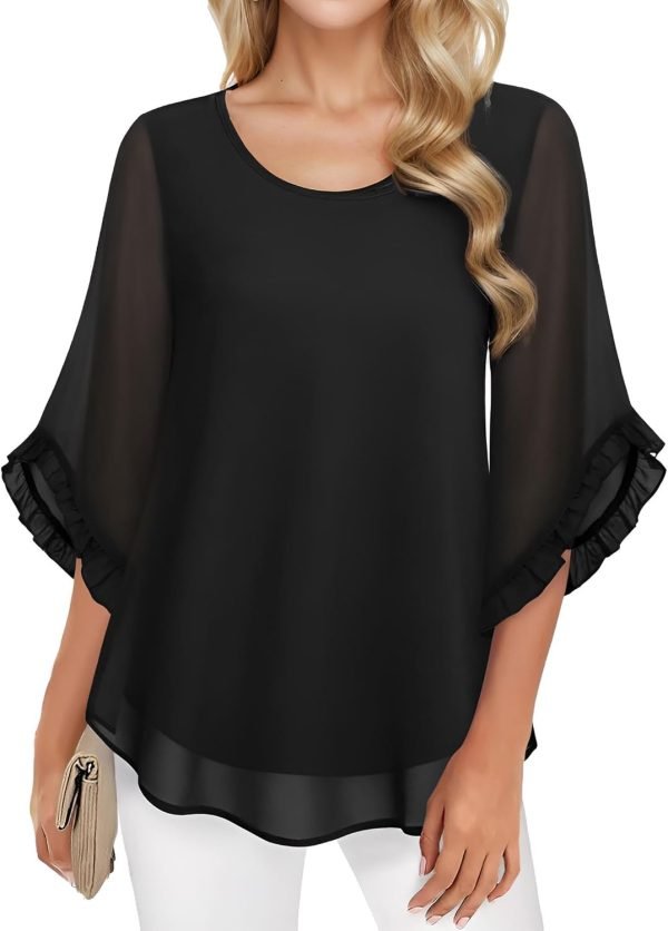 Womens 3/4 Ruffle Sleeve Tops Double Layer Chiffon Blouses Scoop Neck Flowy Tops Elegant Summer Shirt Tunic