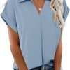 Women's Summer Work Blouse V Neck Short Sleeve Lapel Shirt Top Tunic