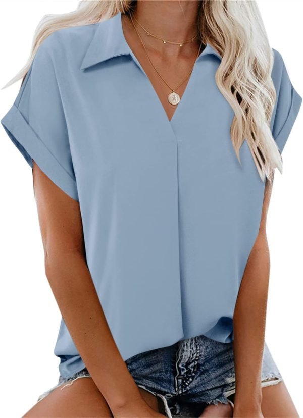 Women's Summer Work Blouse V Neck Short Sleeve Lapel Shirt Top Tunic
