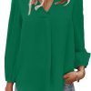Women's Long Sleeve V Neck Shirt Dressy Pleated Top Casual Loose Chiffon Blouses