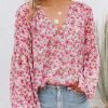 Women's Casual Boho Floral Print V Neck Long Sleeve T Shirt Blouses