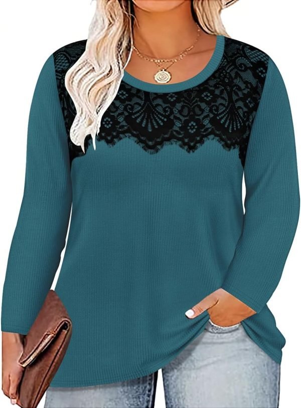 Plus Size Lace Tops for Women Long Sleeve Crewneck Pullover Fall T-shirts Tunics Basic Tees T-Shirts XL-5XL