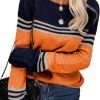 Women Autumn Winter Colorblock Pullover Sweaters Round Neck Striped Slim Fitting Knitwear Tops