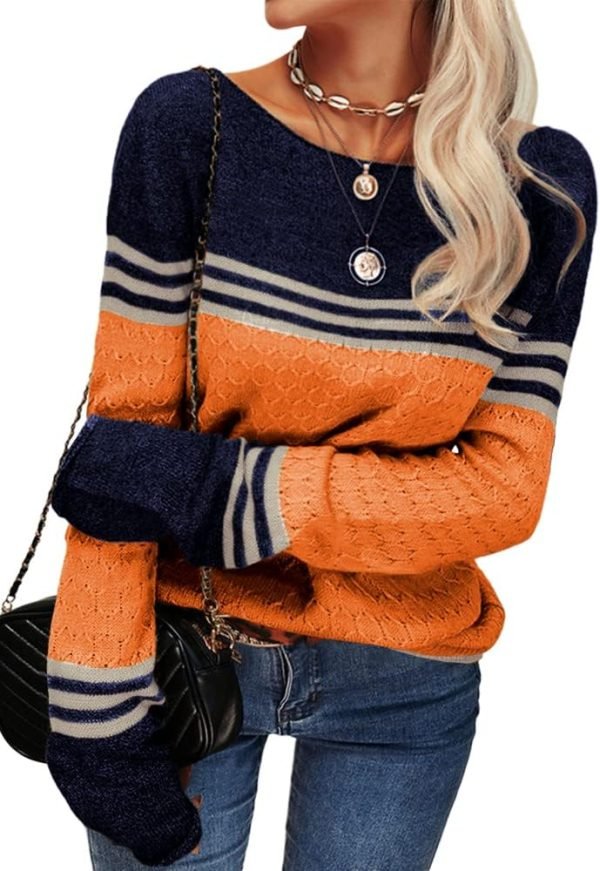 Women Autumn Winter Colorblock Pullover Sweaters Round Neck Striped Slim Fitting Knitwear Tops