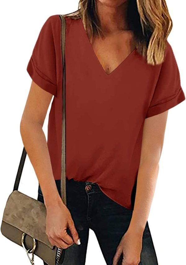 Women V Neck Chiffon Blouse Short Sleeve Summer Casual Loose Shirt Tops
