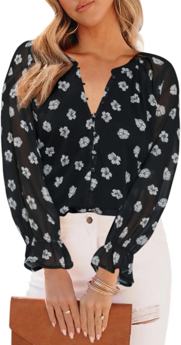 Womens Casual Boho Floral Print V Neck Long Sleeve Blouses Button Down Shirts Dressy Chiffon Loose Ruffle Tops