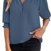 Women's Summer Puff Sleeve Top V Neck Ruffle Button Shirt Pleated Dressy Casual Chiffon Blouses