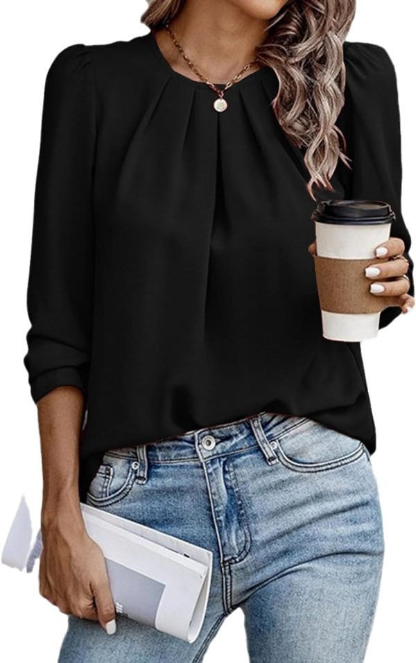 Womens Tops Dressy Casual Pleated Crew Neck Long Sleeve Shirts Office Work Chiffon Blouses