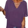 61fGzb6GivL._AC_SL1500 Womens Chiffon Blouses Casual Solid Bell Sleeve Shirt Loose V Neck Pleated Tunic Tops