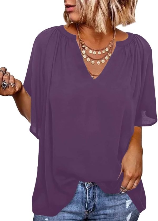 61fGzb6GivL._AC_SL1500 Womens Chiffon Blouses Casual Solid Bell Sleeve Shirt Loose V Neck Pleated Tunic Tops