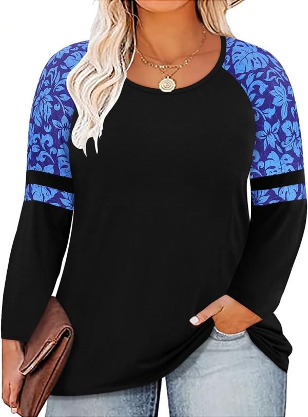 Plus Size T Shirt for Women Long Sleeve Raglan Tops Tee Shirts Color Block Top Leopard Plaid Print XL-5XL 14W-28W