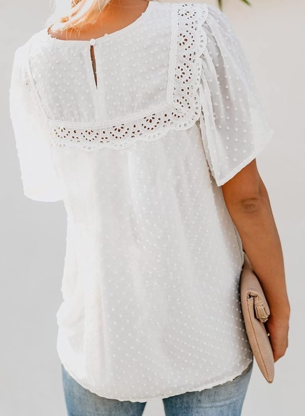 Womens Crewneck Lace Crochet Pom Pom Flowy Short Sleeve Casual Shirts Blouses Tops