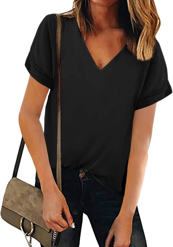 Women V Neck Chiffon Blouse Short Sleeve Summer Casual Loose Shirt Tops