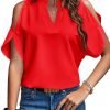 Women's Cold Shoulder Tops Summer Fashion Short Sleeve V Neck Casual Loose Solid Color Blouse Shirts
