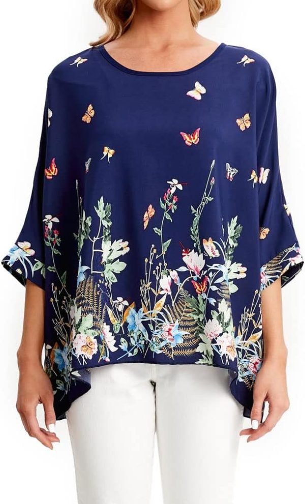 Women Chiffon Blouse Floral Batwing Sleeve Beach Cover Loose Tunic Shirt Tops