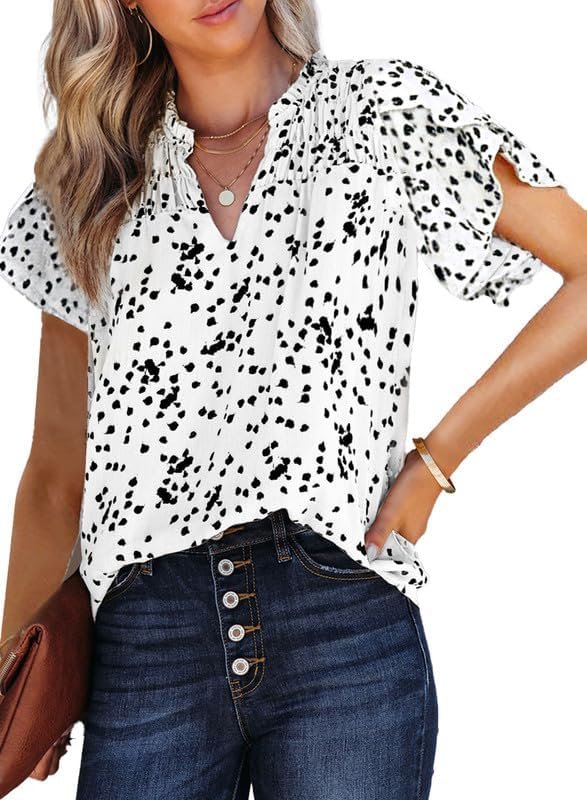 Women's Casual V Neck Alicia Floral Print Smocked Short Sleeve Chiffon Blouses Bohemian Top Shirts