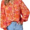 61iNsWxsdoL._AC Women's Casual V Neck Easel Floral Print Long Sleeve Blouses Smocked Button Down Shirts Bohemian Top
