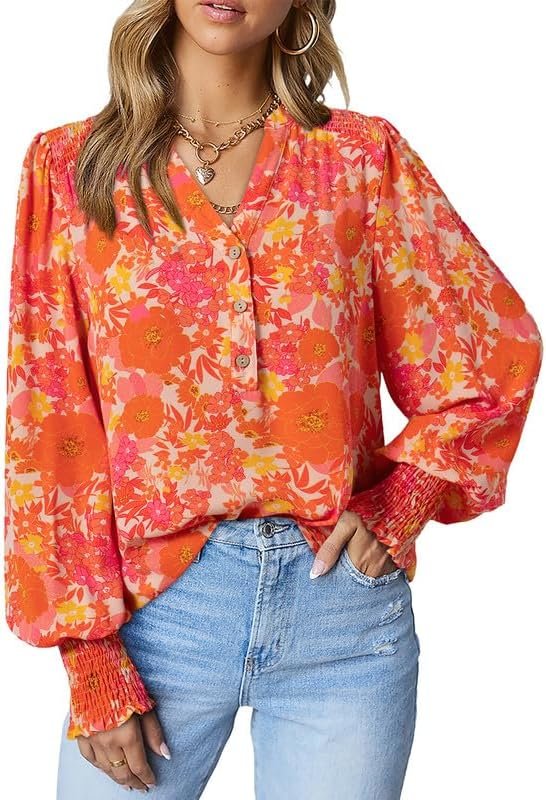 61iNsWxsdoL._AC Women's Casual V Neck Easel Floral Print Long Sleeve Blouses Smocked Button Down Shirts Bohemian Top